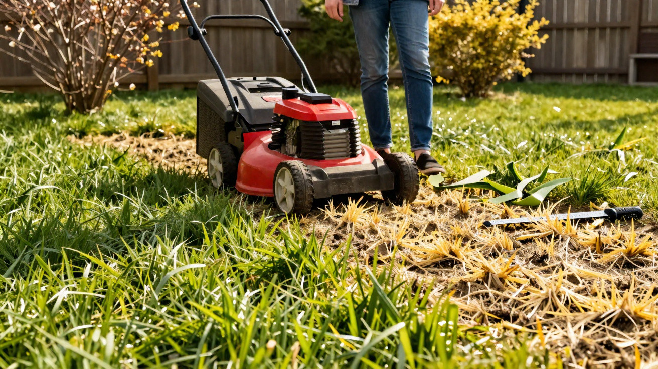 Red lawnmower on grass beside a person wearing jeans, with a rake lying on a dry patch in a fenced garden.