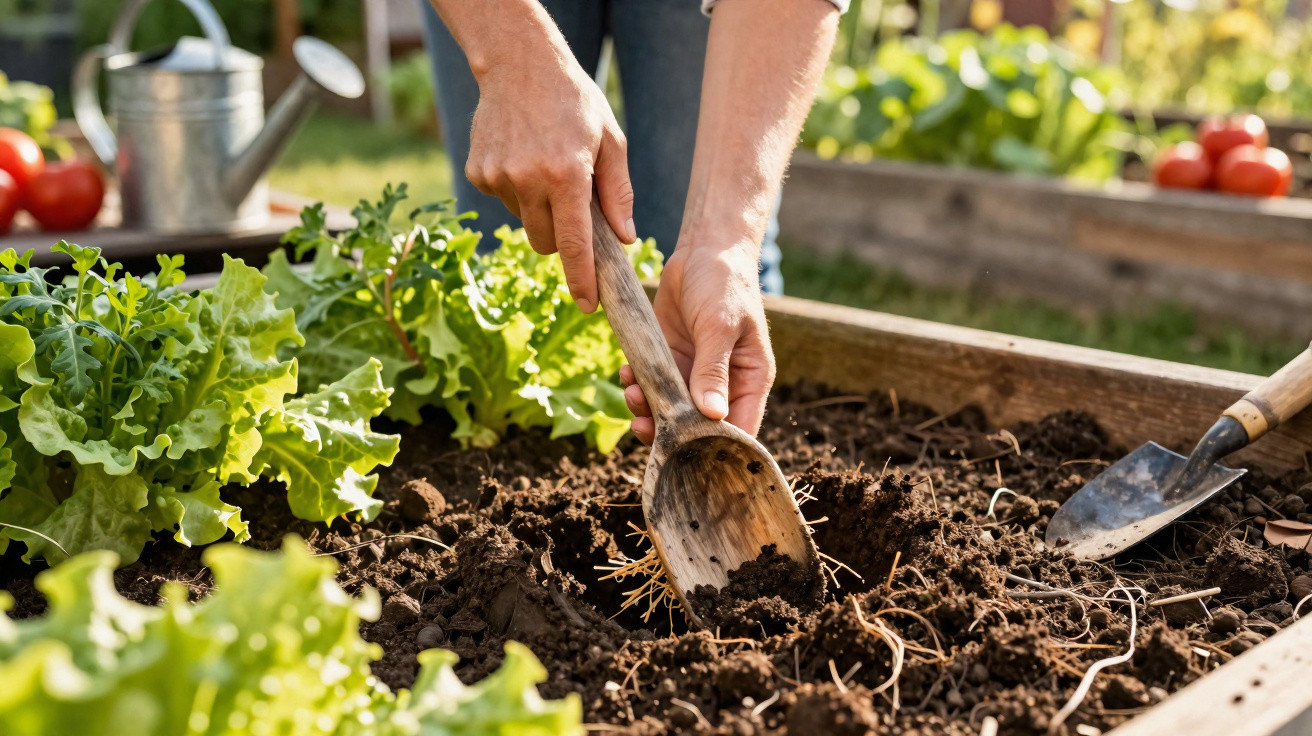Hands using a wooden scoop to dig soil in a raised garden bed with lettuce and gardening tools nearby.