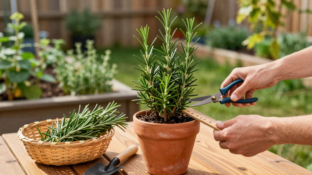 Person trimming a potted rosemary plant with scissors using a ruler for measurement on a wooden table outdoors.