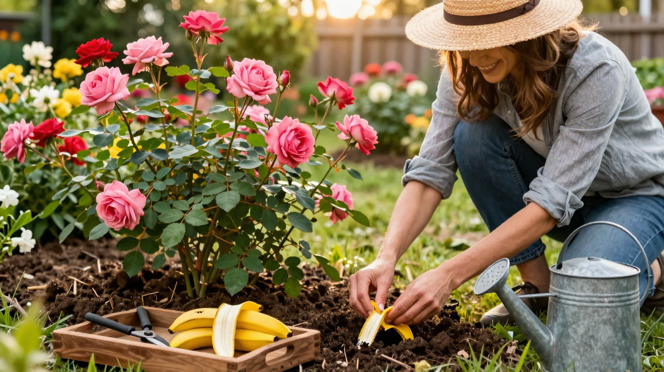 Woman in a hat using banana peel in soil as fertilizer near blooming pink roses in a garden at sunset.