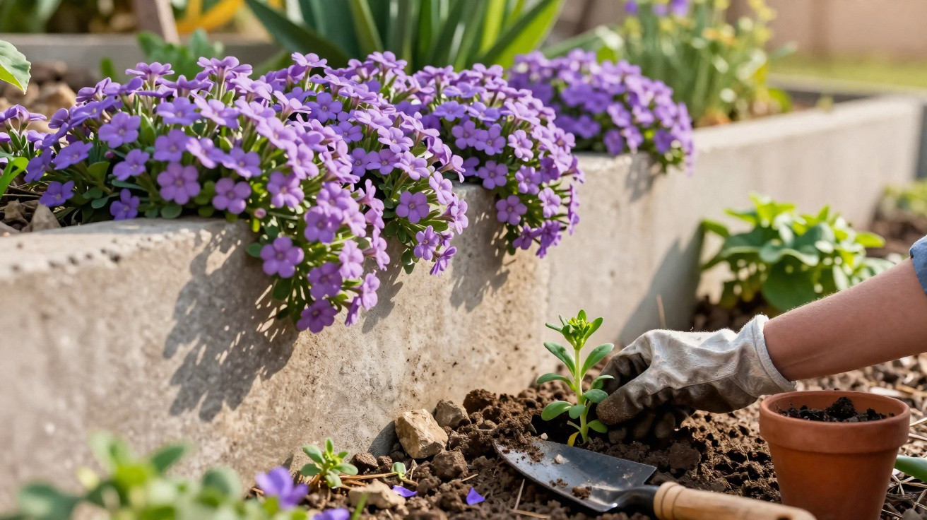 A gardener's gloved hand planting a young seedling in soil near a flowerbed with blooming purple flowers.