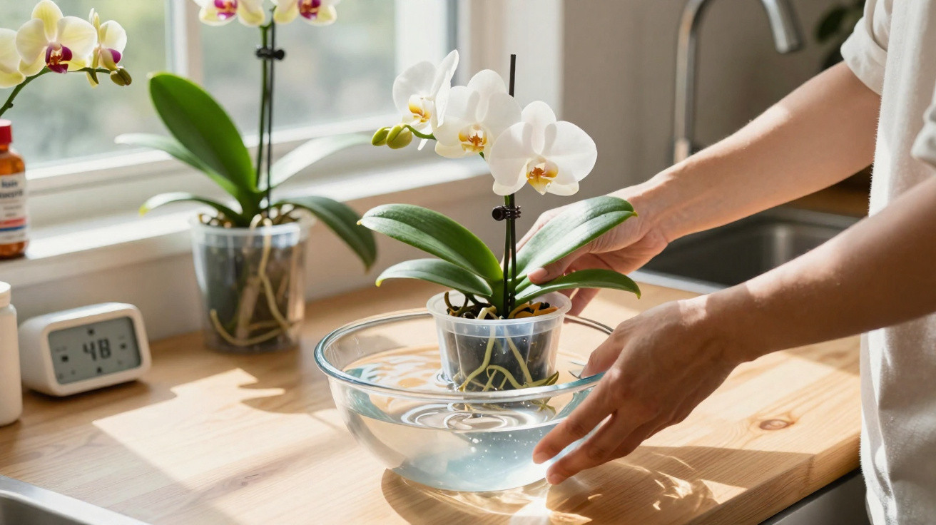 Person placing a white orchid plant in a transparent pot into a bowl of water on a wooden kitchen countertop.