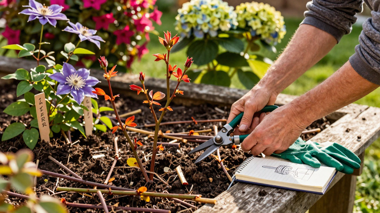 Person pruning a young plant in a raised garden bed with colourful flowers and gardening gloves nearby.