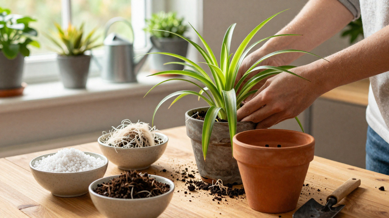 Hands repotting a green houseplant on a wooden table with soil and gardening tools nearby.