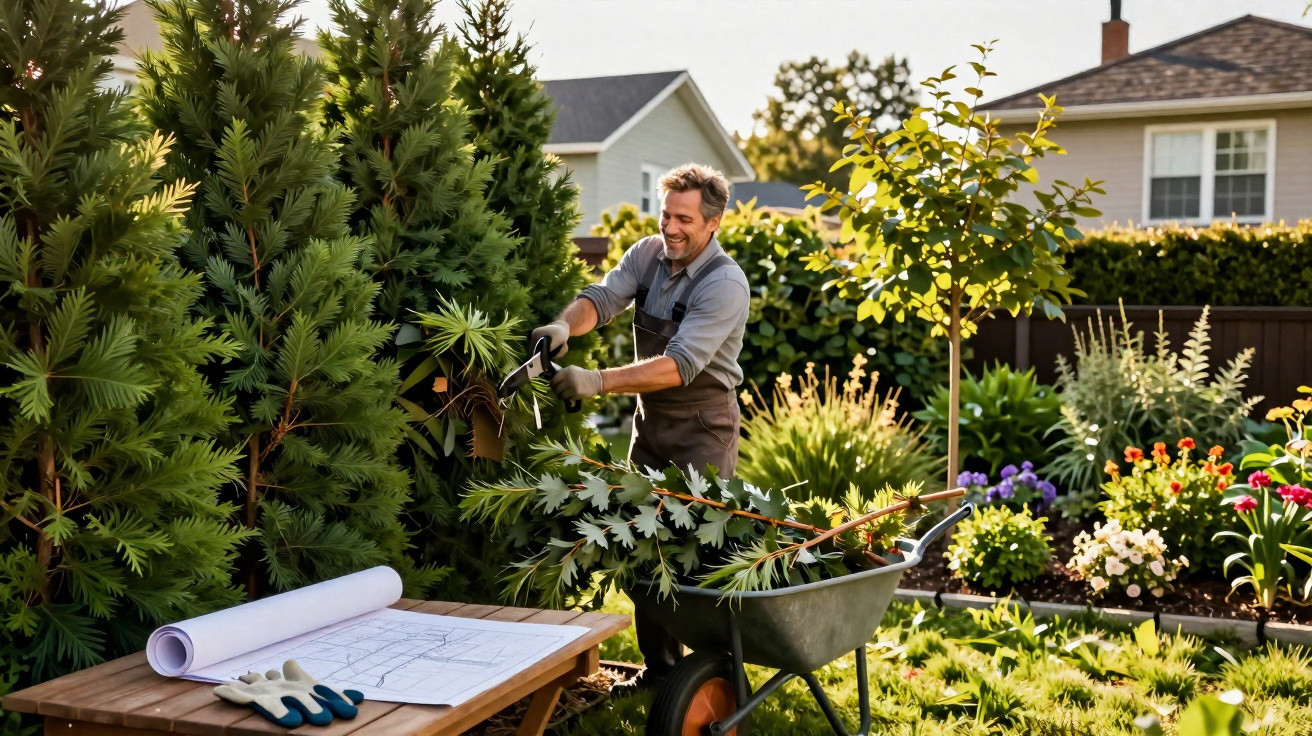 Man trimming bushes in a sunny garden with gardening tools and plans on a wooden table nearby