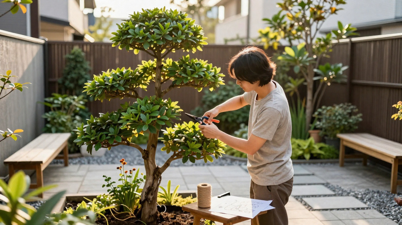 Person pruning a small tree in a sunny, neatly arranged outdoor garden with benches and plants.