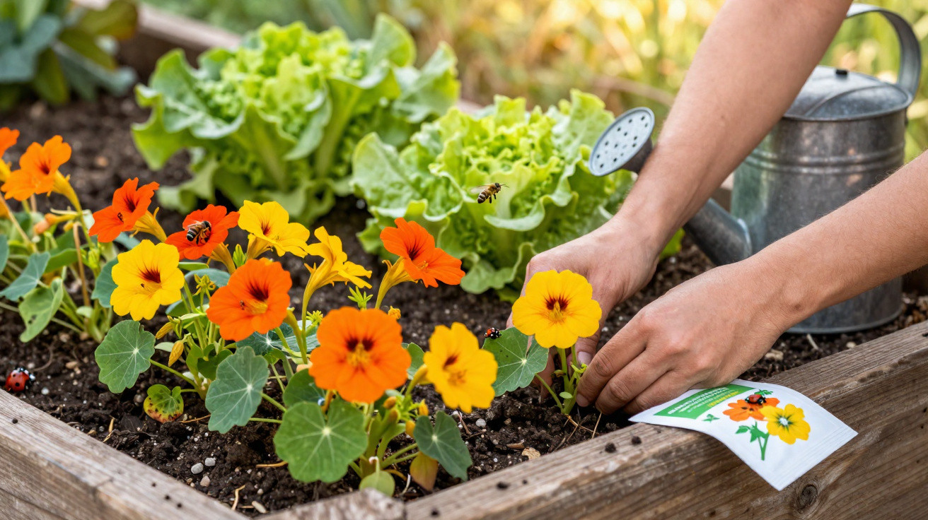 Hands planting orange and yellow nasturtiums in a raised garden bed with lettuce and watering can nearby.