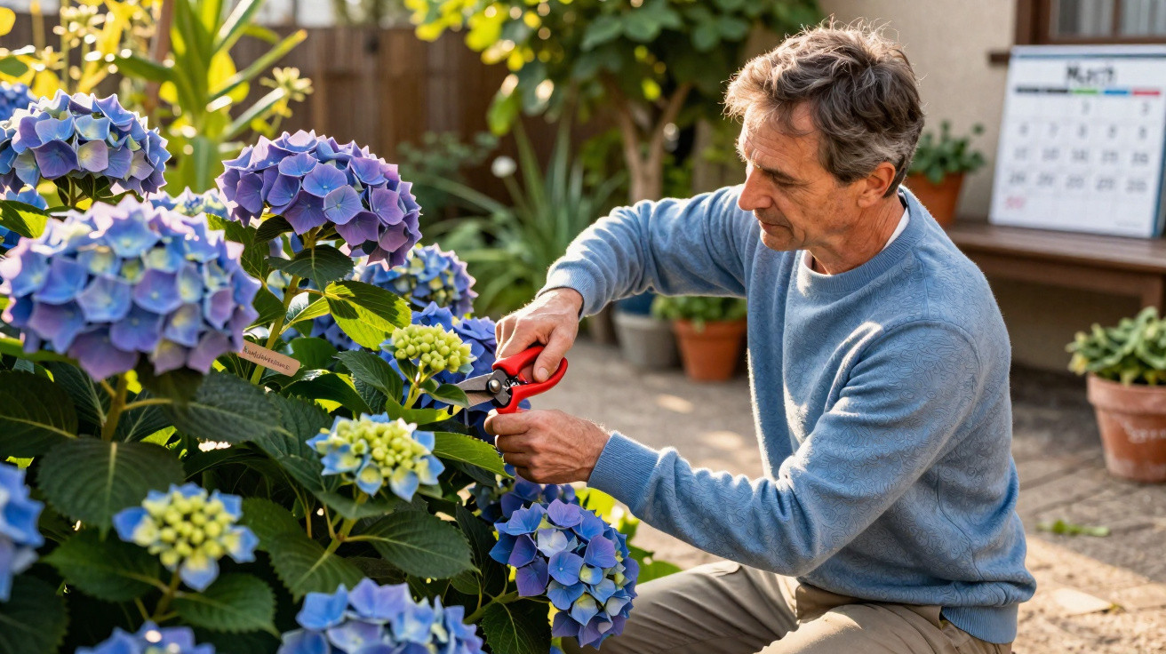 Man in a blue sweater pruning blue hydrangea flowers in a sunny garden.