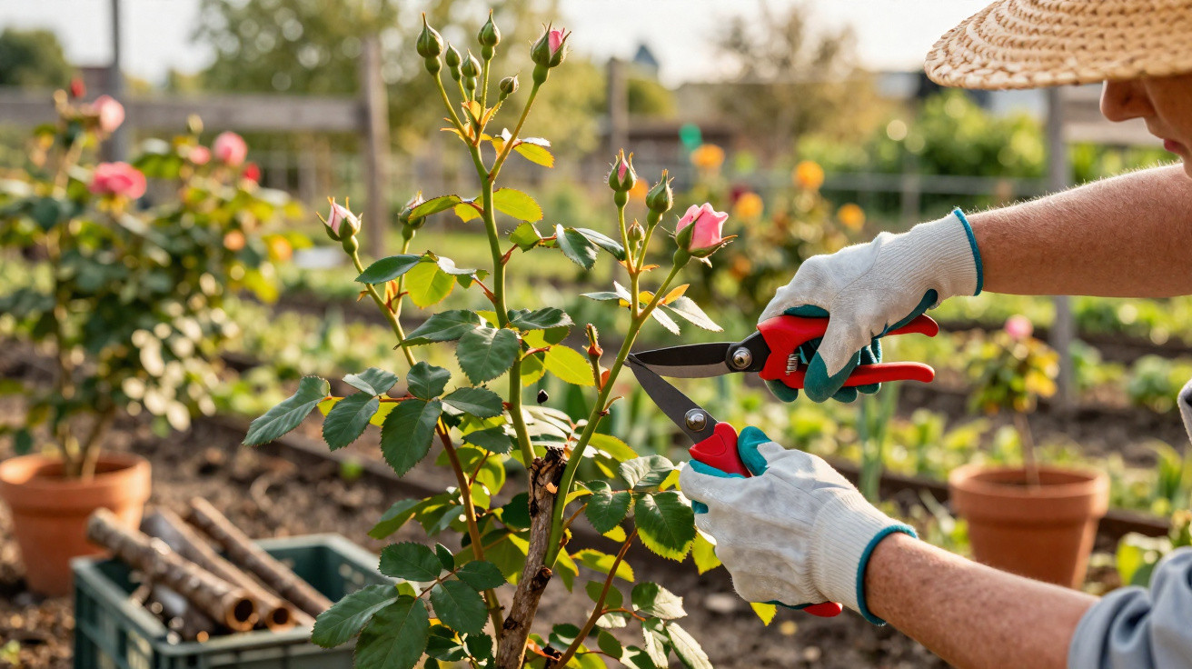 Person wearing gloves pruning pink rose buds in a garden with terracotta pots and wooden fence background.
