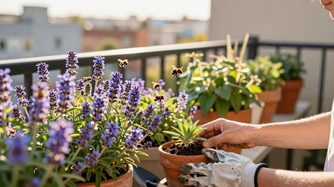 Person gardening with gloves on a balcony surrounded by purple flowers and flying bees in sunlight.