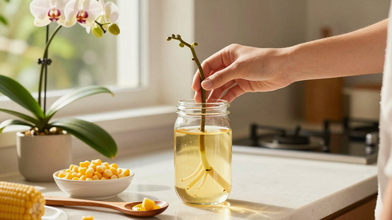 Hand placing an orchid stem with roots into a glass jar of water on a bright kitchen countertop next to corn and a spoon.