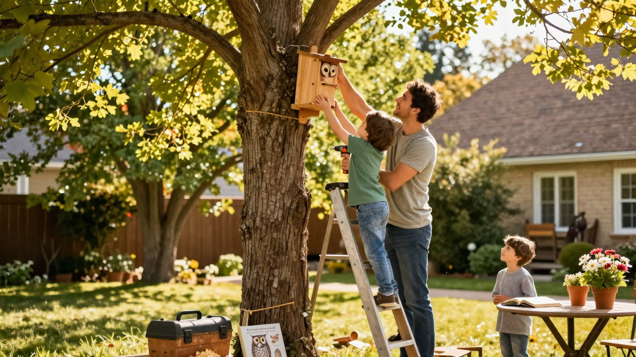 Father and sons installing a wooden birdhouse on a tree in a sunny garden.