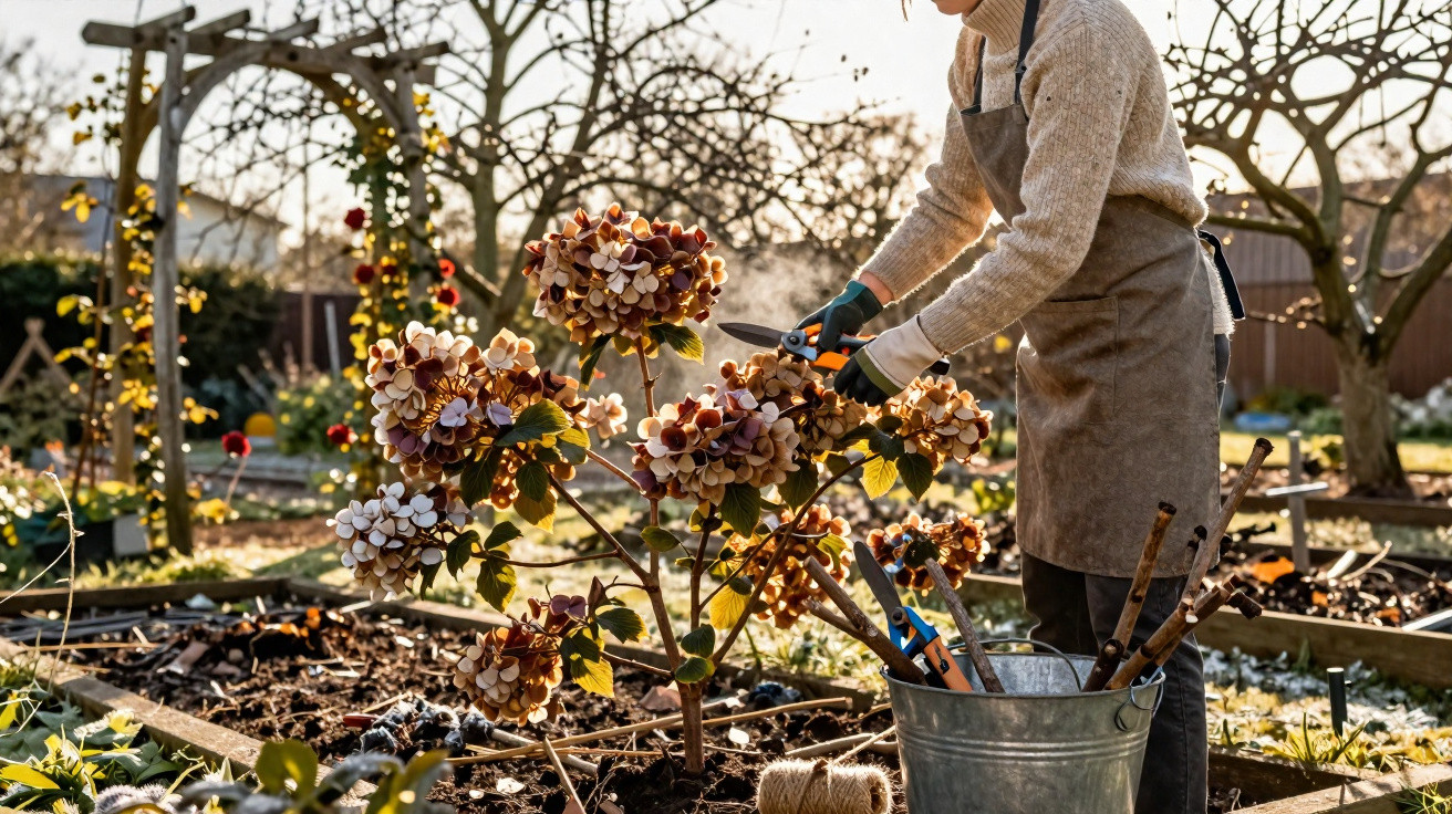 Person pruning autumnal hydrangea flowers in a sunlit garden with gardening tools in a metal bucket nearby.