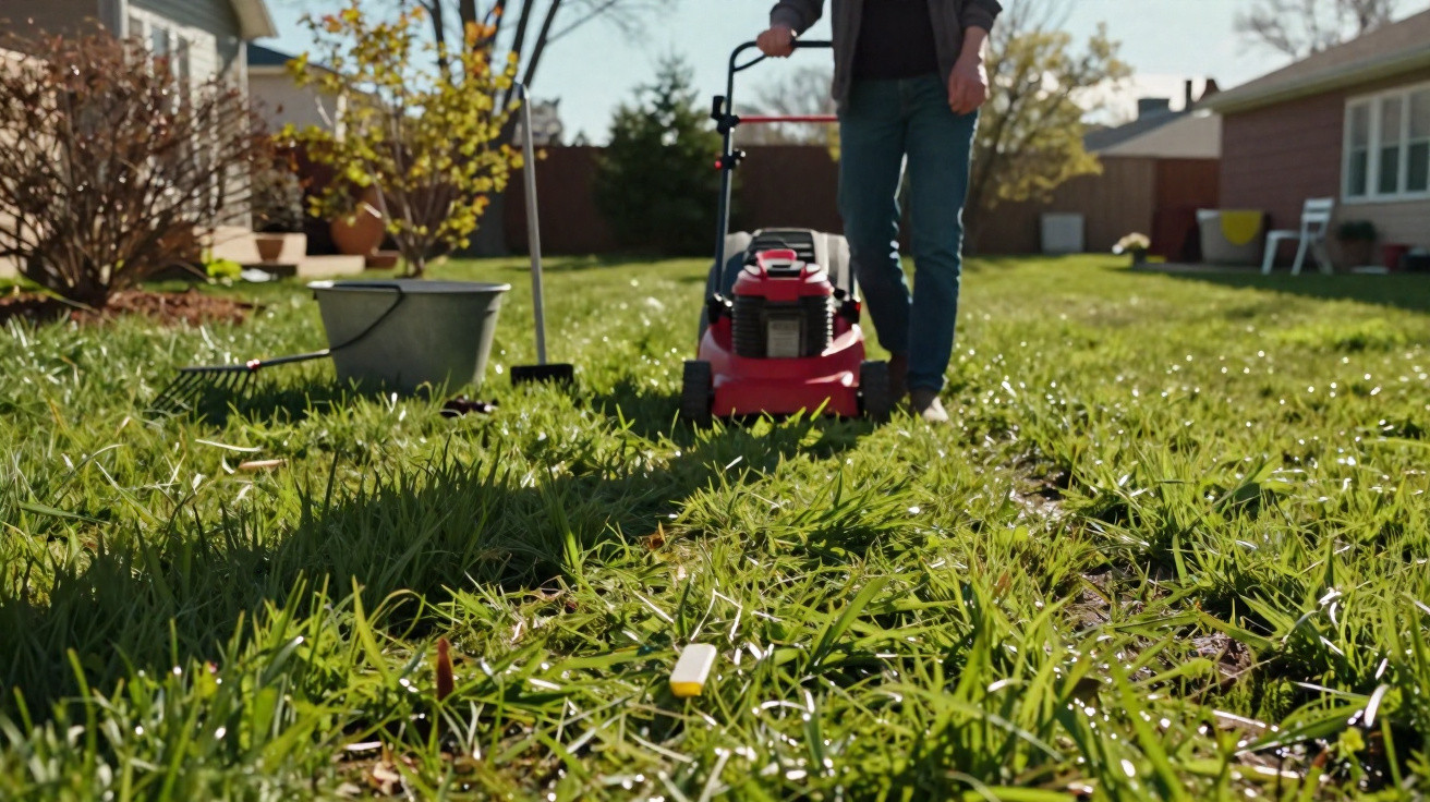 Person mowing overgrown grass in a sunny suburban backyard with rake and bucket nearby.