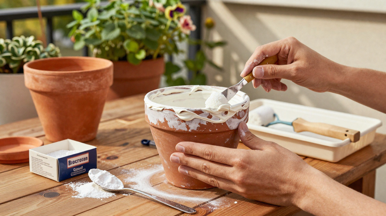 Person applying white plaster or paint to a terracotta plant pot on a wooden table outdoors