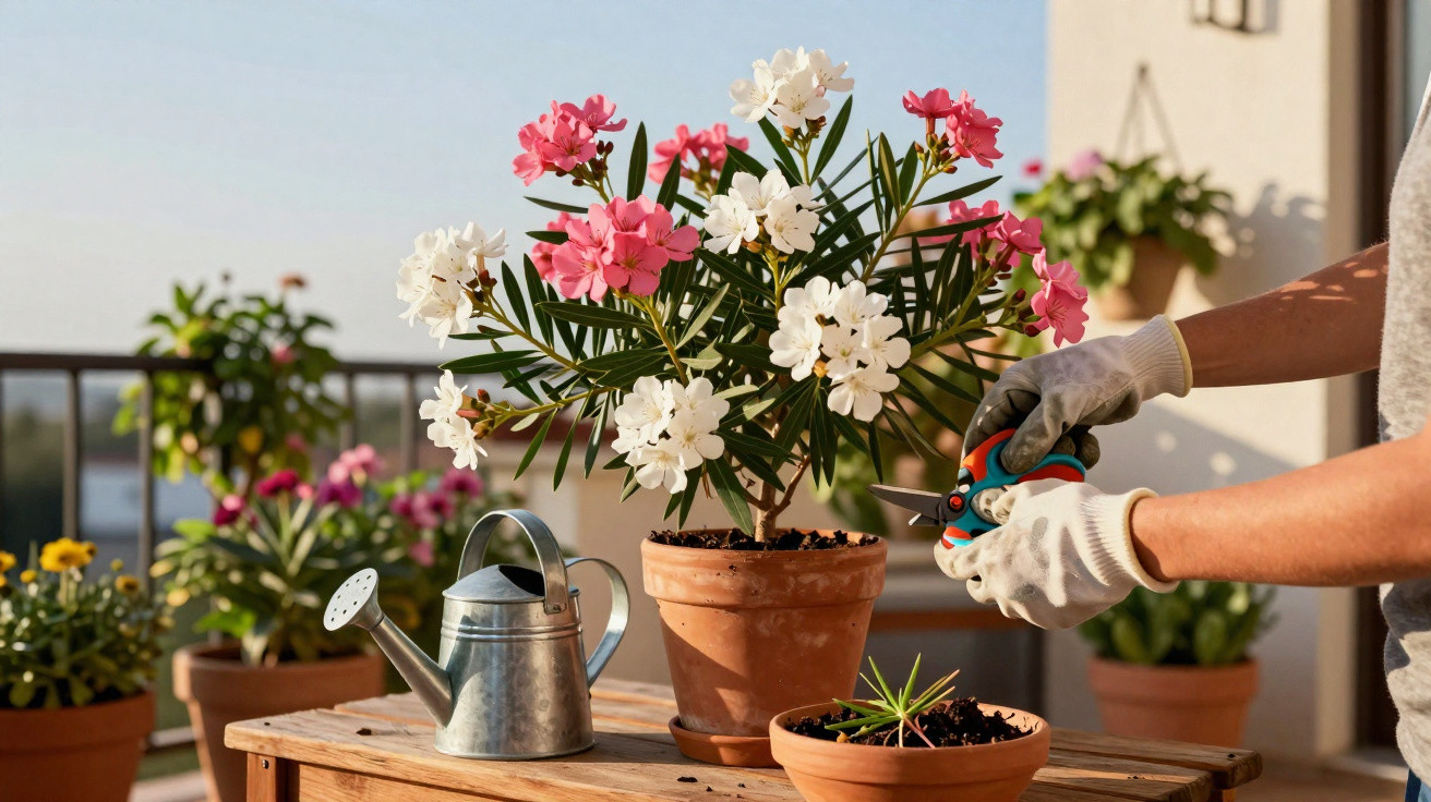 Person pruning pink and white flowers in terracotta pot on wooden table with watering can outdoors.
