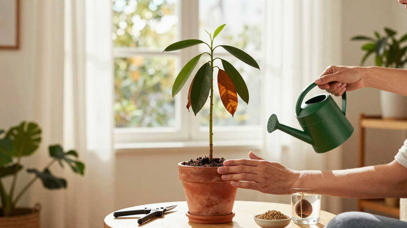 Person watering a potted plant with large green leaves on a table near a window in a bright room.