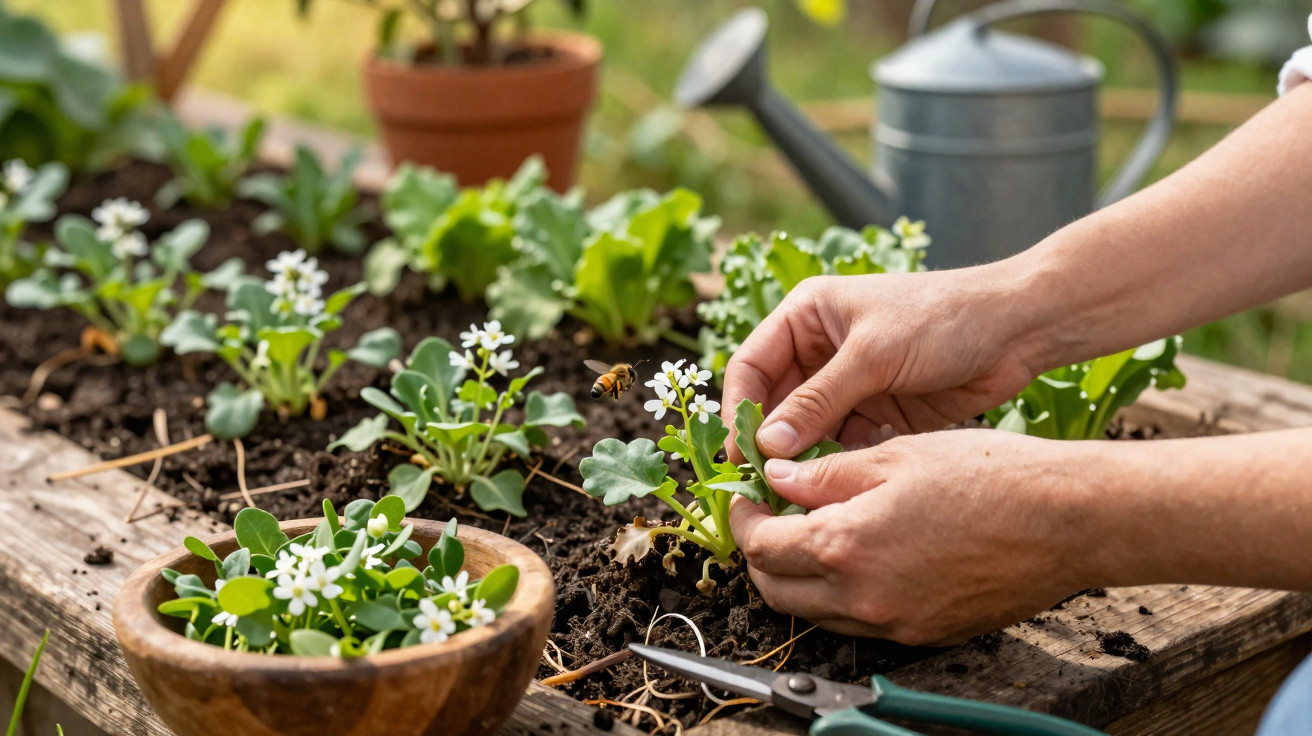 Hands tending to green plants with white flowers in a wooden garden bed outdoors with tools nearby