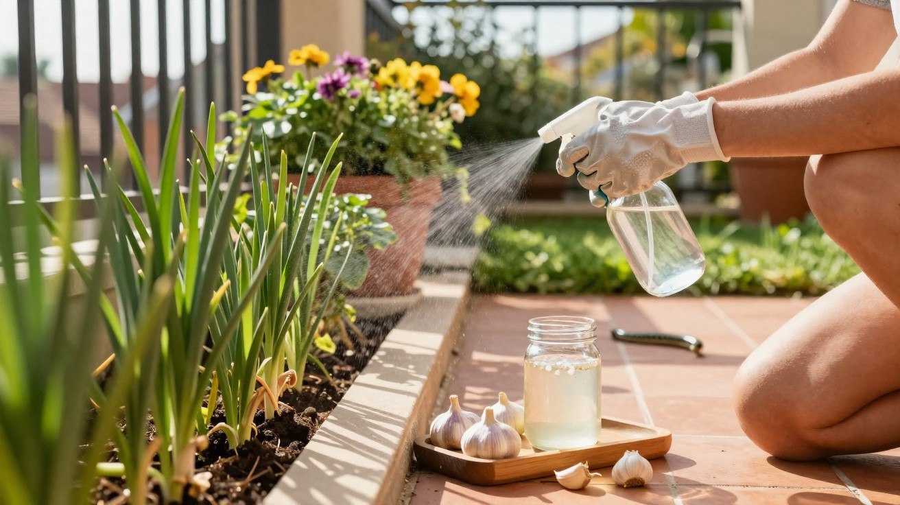 Person wearing gloves spraying plants with water in a garden on a sunny day.