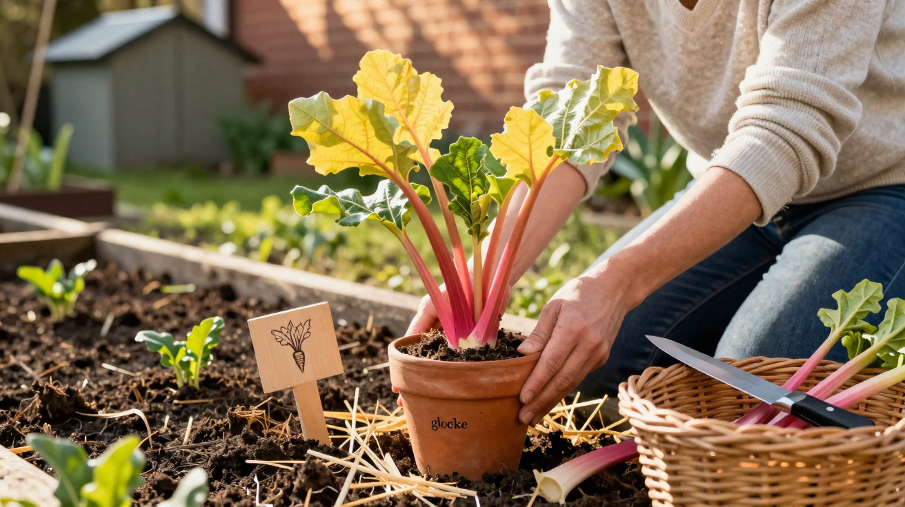 Person planting a Swiss chard seedling in a garden bed with a basket of harvested stems nearby.