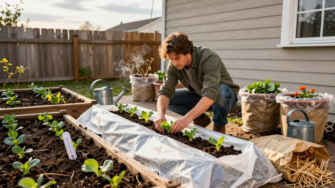 Man planting seedlings in raised garden beds outside a house during golden hour light.