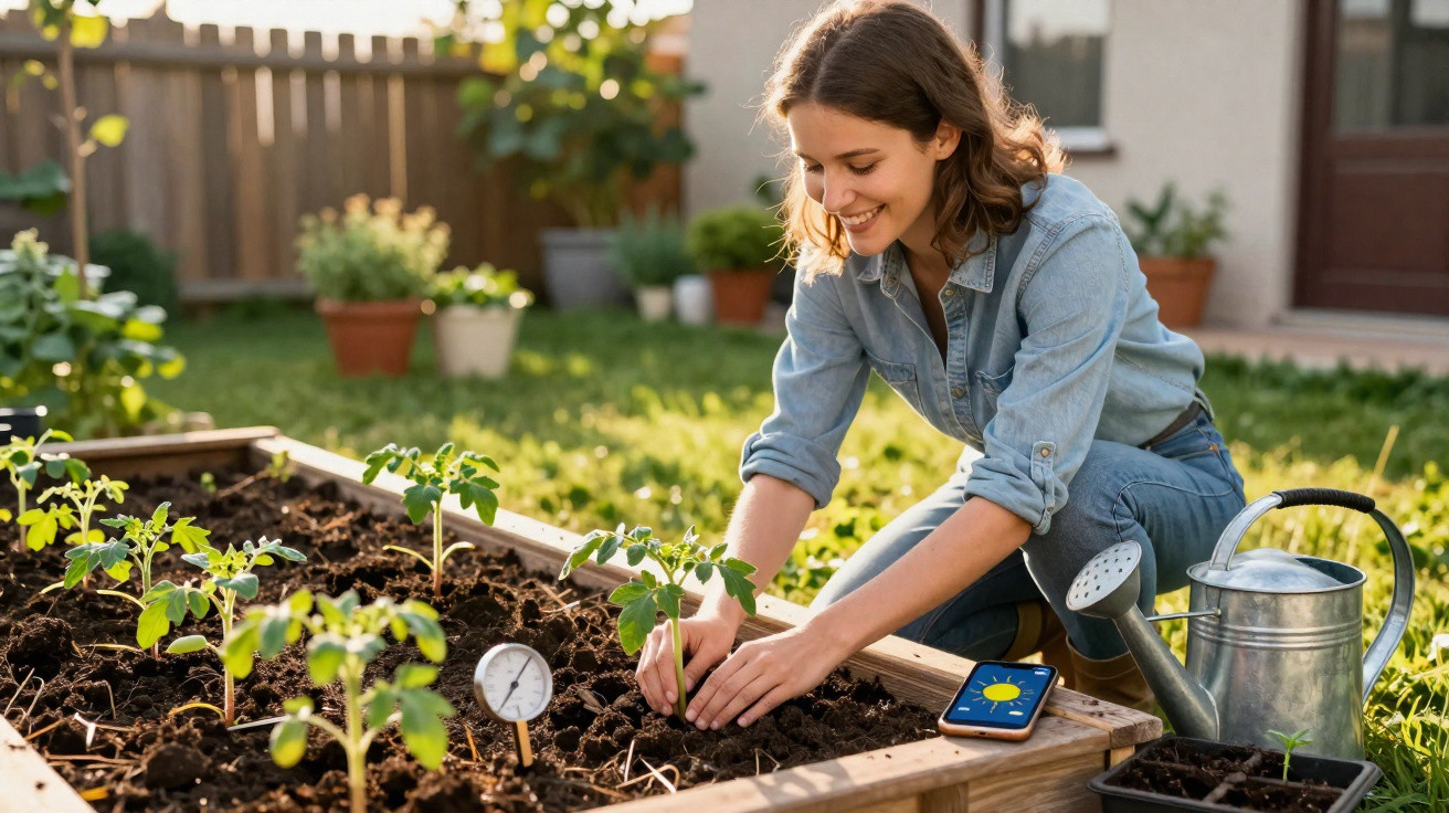 Young woman planting seedlings in a raised garden bed with a watering can and smartphone nearby.