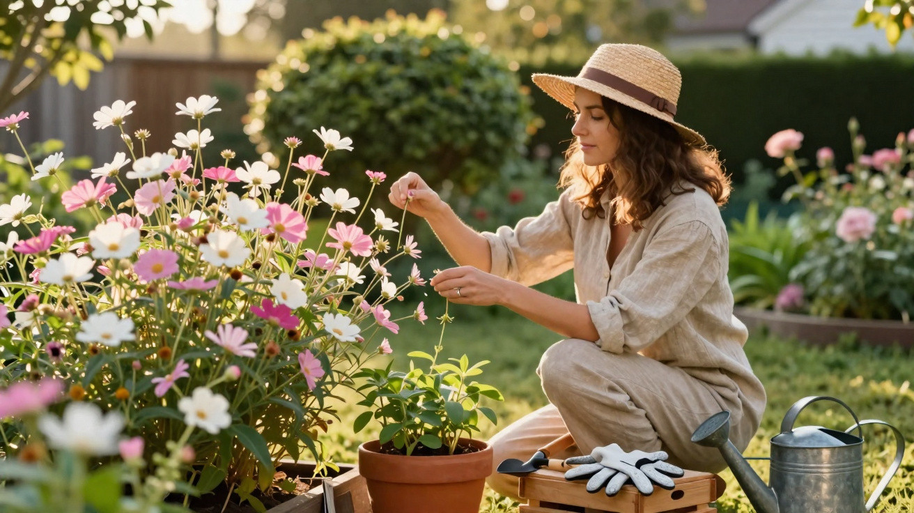 Woman wearing a straw hat tending to pink and white flowers in a garden on a sunny day.