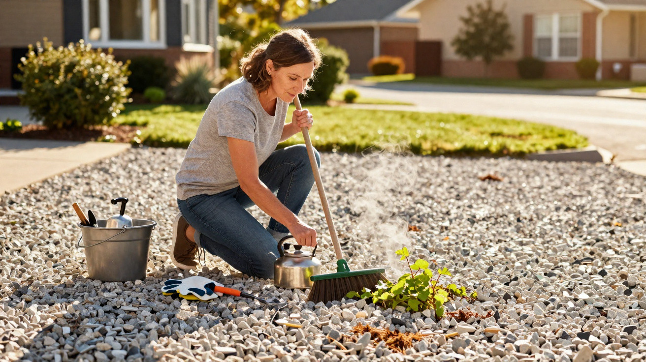 Woman using a broom to weed around a small plant in a gravel garden outside suburban houses on a sunny day.