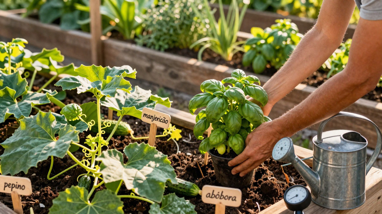 Person planting a basil plant in a raised vegetable garden with cucumber and pumpkin plants nearby.