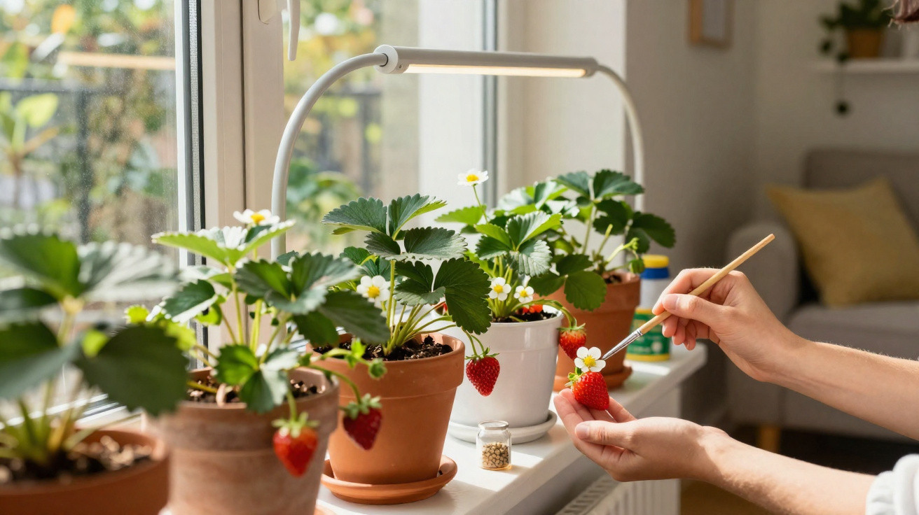 Hands painting strawberries on potted plants placed on a sunlit windowsill indoors.