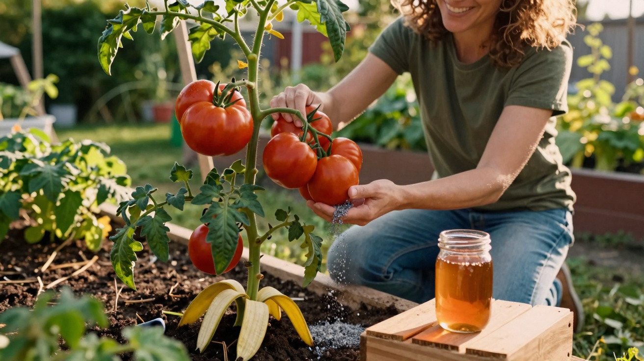 Woman sprinkling fertiliser on ripe tomatoes growing in a garden with a banana peel placed at the plant base.