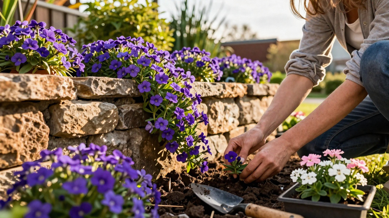 Person planting purple flowers by a stone garden wall on a sunny day with gardening tools nearby.