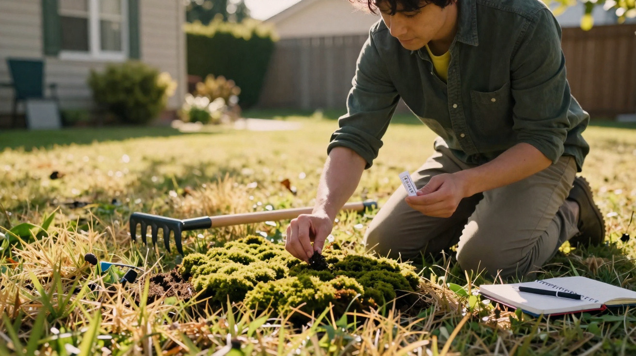 Person kneeling in a garden, planting or inspecting moss with a rake and notebook nearby in a sunny backyard.