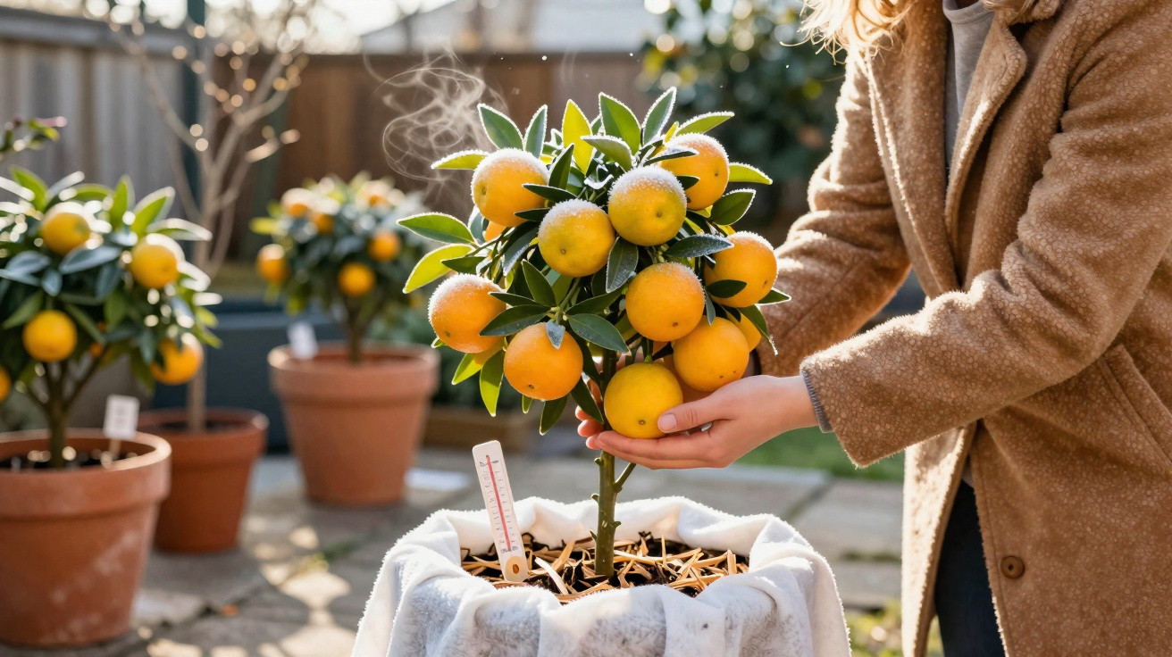Person tending to a frost-covered orange tree in a pot with a thermometer in outdoor garden area.