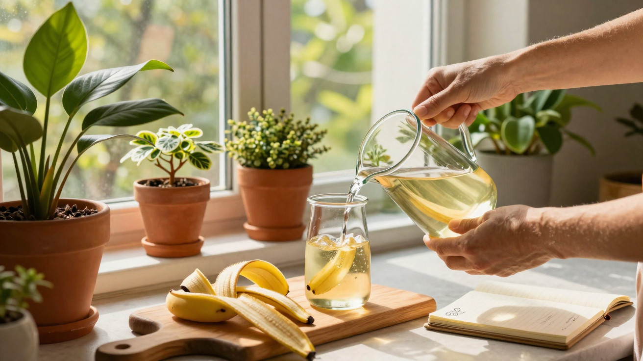 Hands pouring water from a glass jug into a glass with a banana slice beside peeled bananas and potted plants on a windowsill