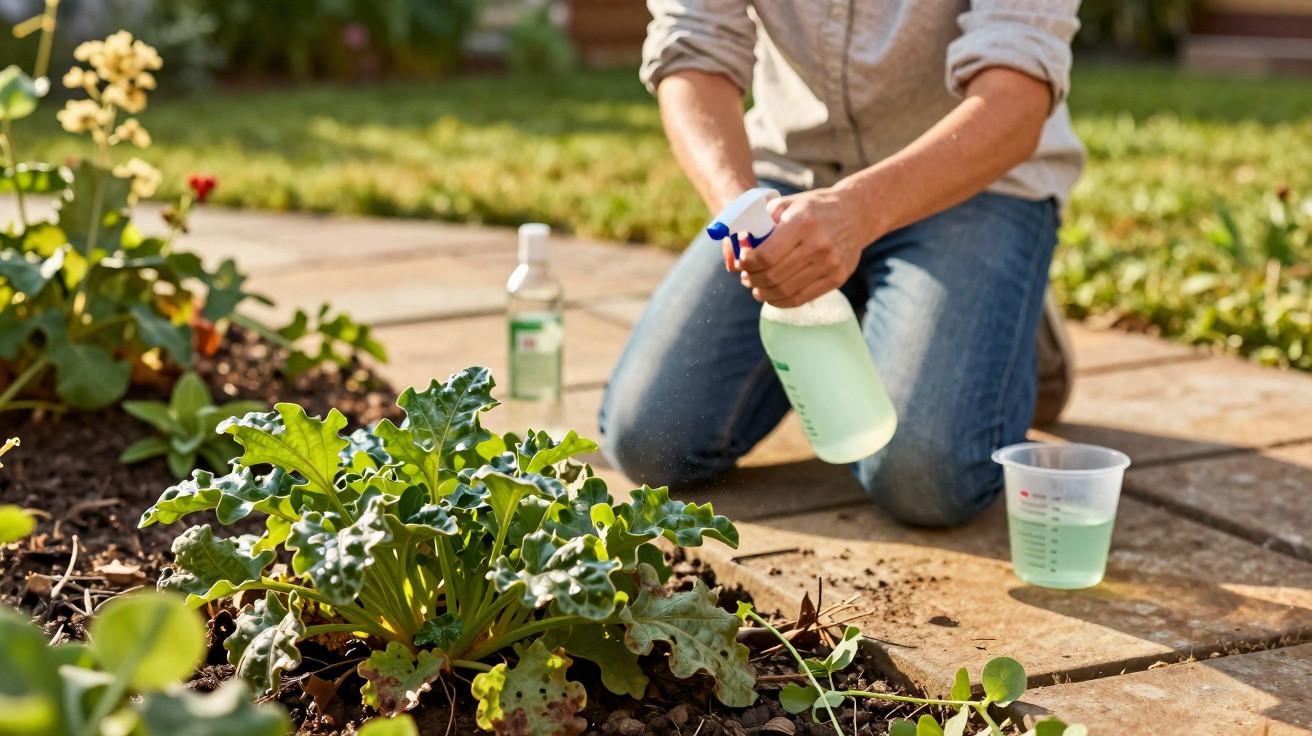 Person spraying a leafy green plant in a garden while kneeling on a patio area.