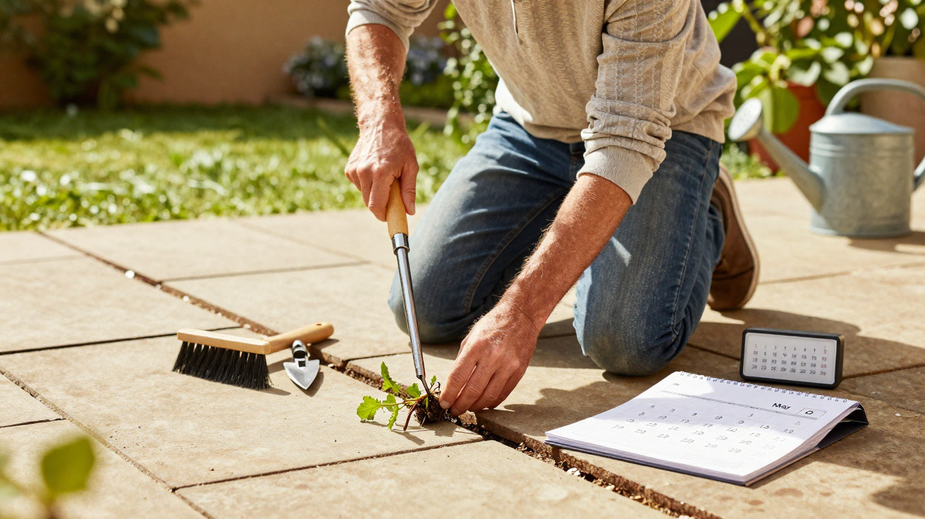 Person kneeling on patio removing weeds with garden tool, calendar and brush nearby on paving stones.