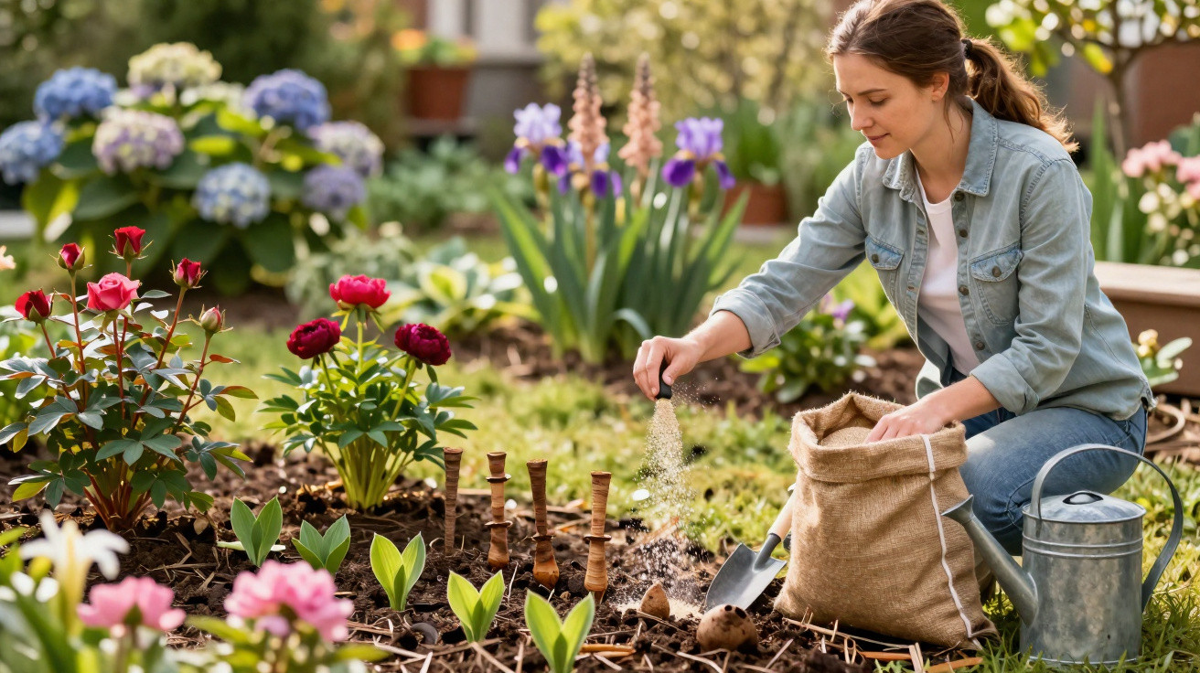 Woman in denim jacket planting flowers and sprinkling fertiliser in a vibrant garden with a watering can nearby.