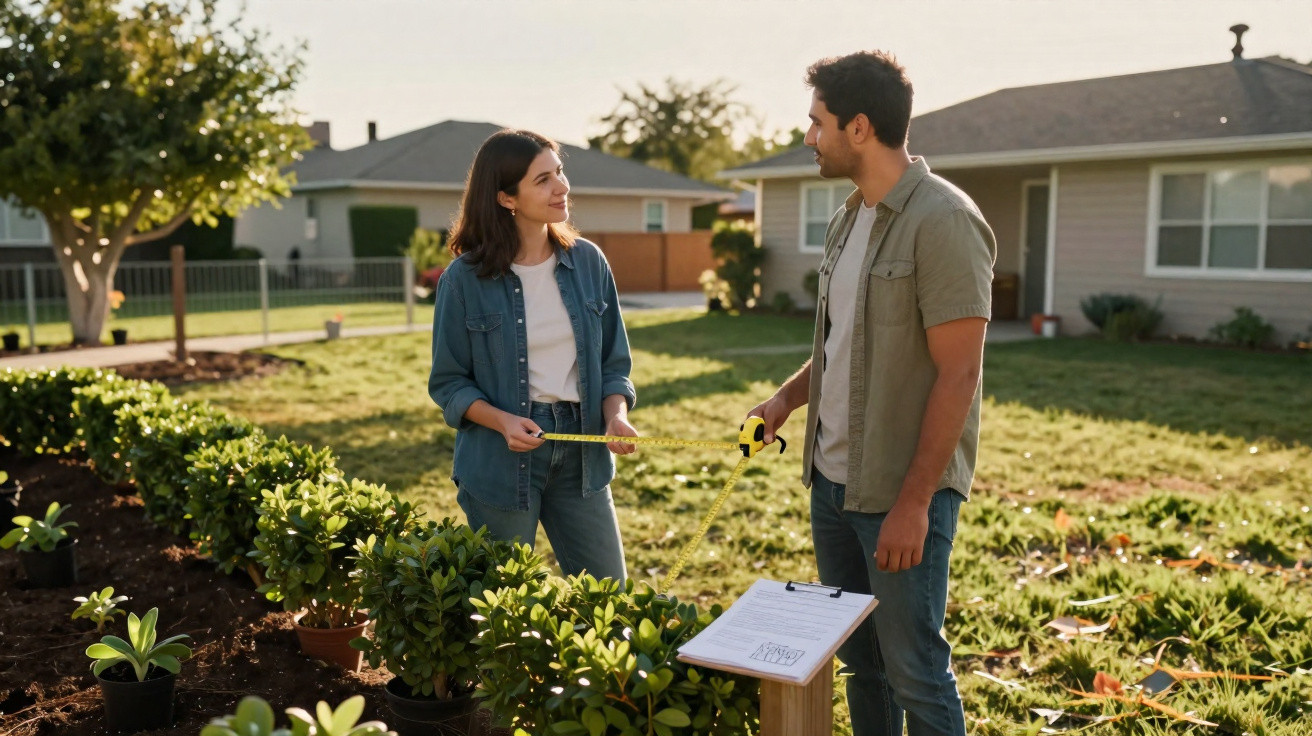 Two people measuring plants in a garden outside a suburban house on a sunny day.