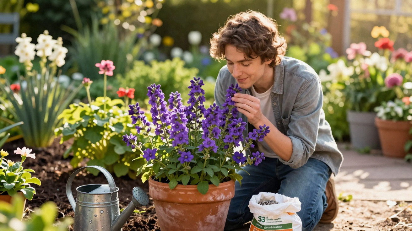 Young man kneeling and smelling purple flowers in a garden, with watering can and fertiliser nearby