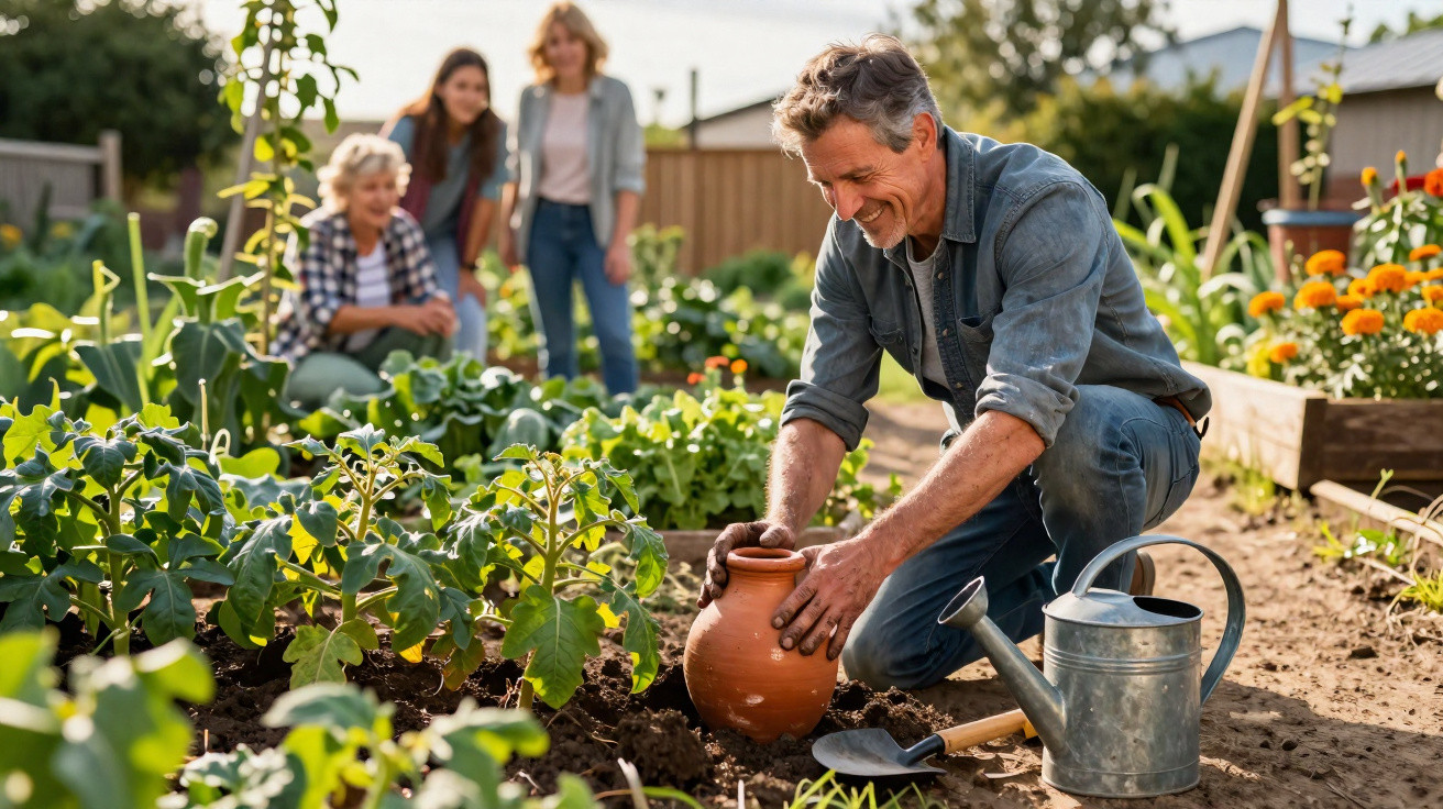 Man kneeling and gardening with clay pot while three people watch in a sunny vegetable garden.