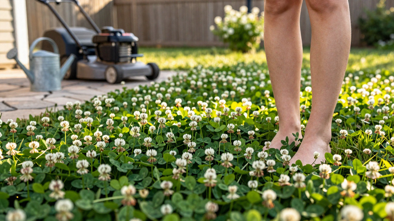 Bare feet standing on a lush green clover lawn with white flowers, a watering can, and a lawnmower nearby.