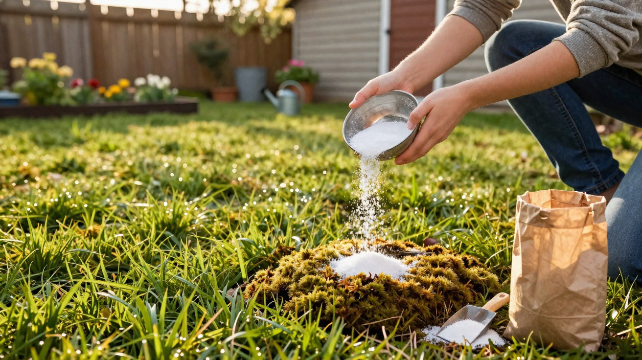Person sprinkling granular fertiliser onto moss in a grassy garden on a sunny day.