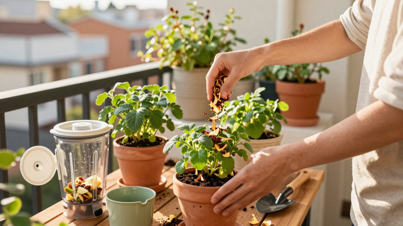 Person adding plant food to a potted herb on a sunny balcony with a blender and gardening tools nearby.