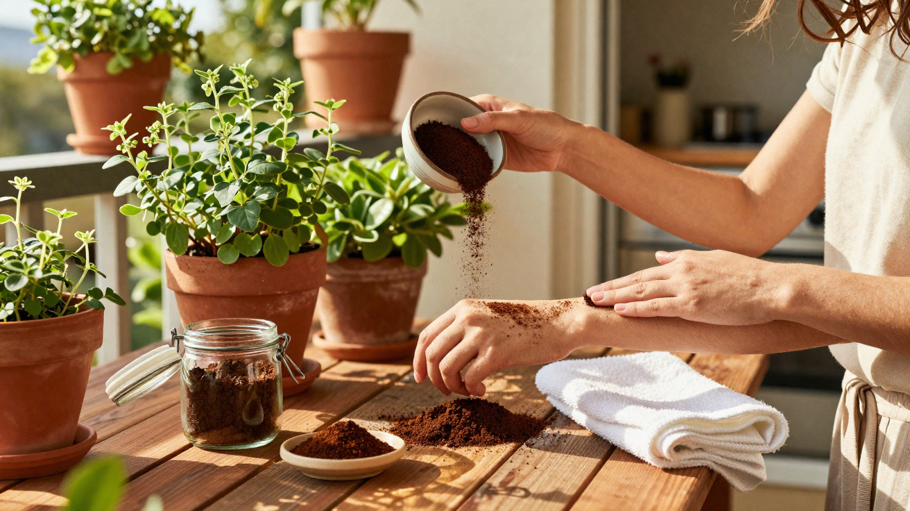 Person applying ground coffee as exfoliant on their arm beside potted plants on wooden table in natural light
