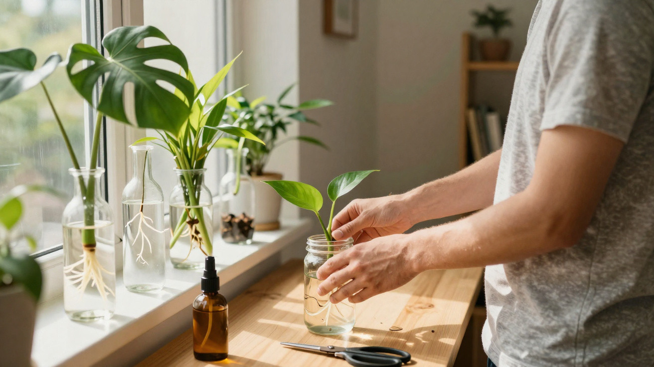 Person placing a plant cutting in a glass jar of water on a light wooden table by a window with plants.
