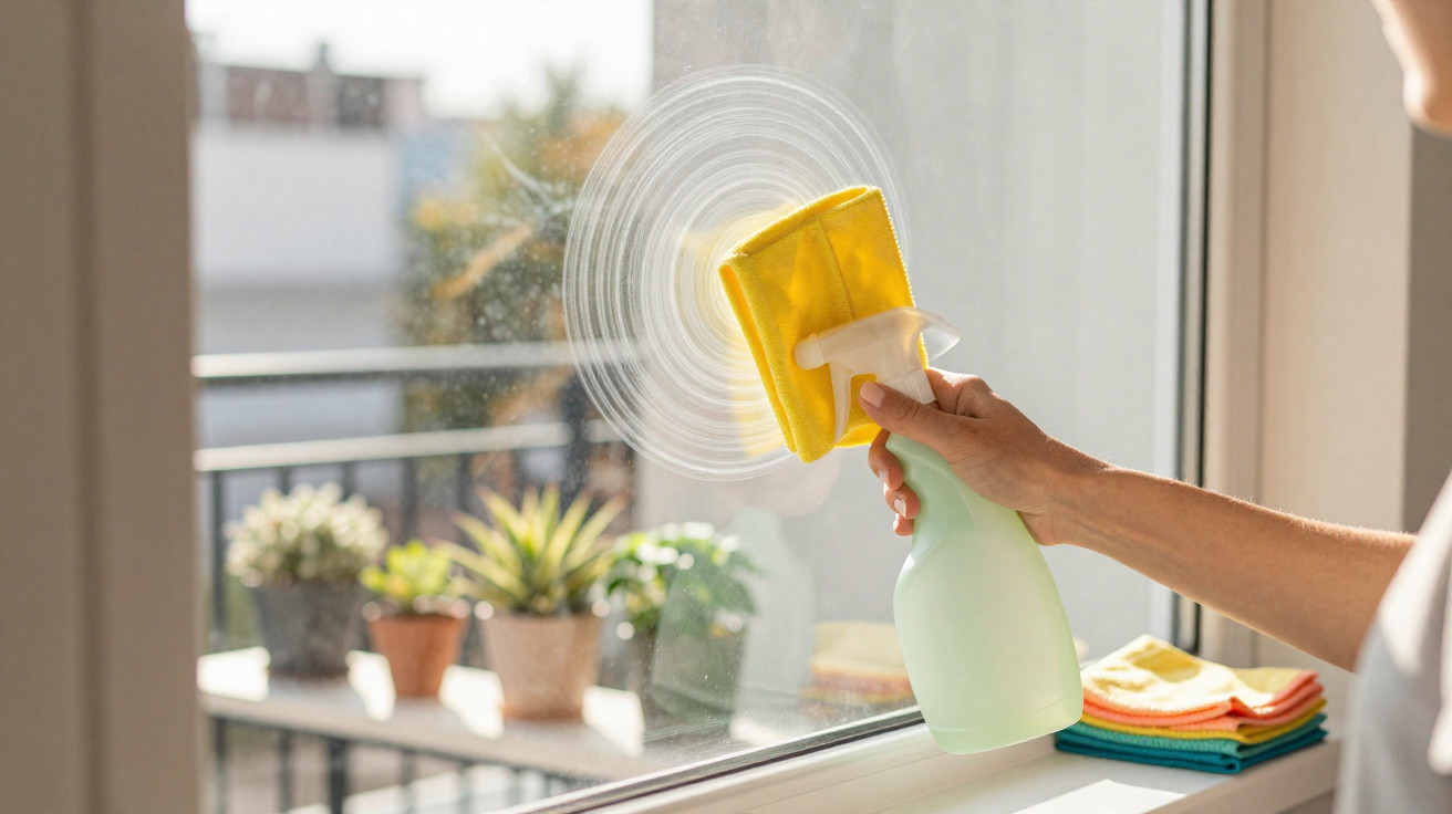 Hand cleaning a window with a yellow cloth and spray bottle, potted plants visible outside.