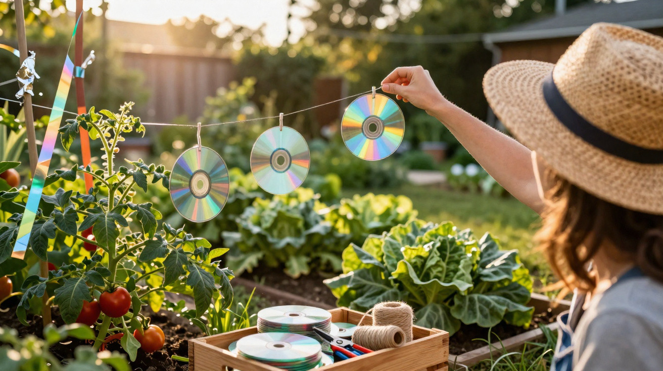 Woman hanging CDs on a line in a garden to deter birds from vegetable plants at sunset.
