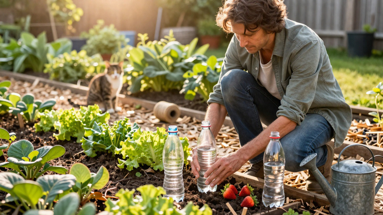 Man planting strawberries in a garden surrounded by leafy vegetables with a cat in the background