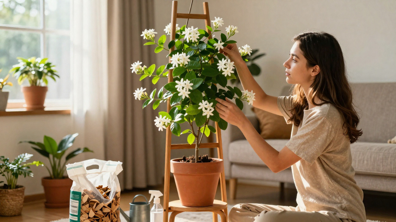 Woman tending to a potted flowering plant in a sunlit living room with gardening supplies nearby.